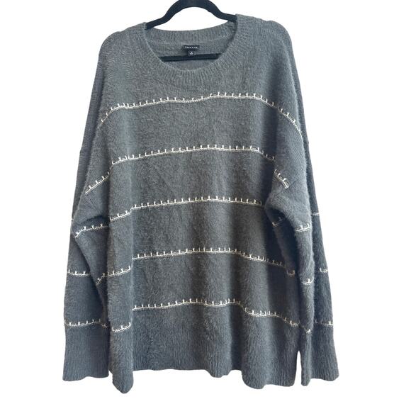 torrid Sweaters - Torrid Gray Cozy Fuzzy Sweater with White/ Sliver Scallop Stitching Stripes